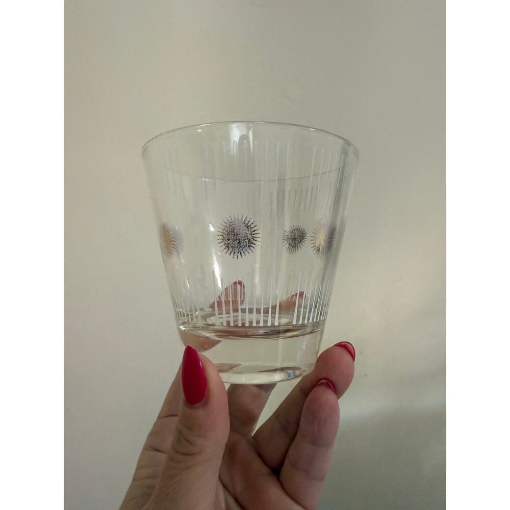 Fred Press Atomic Sunburst 1950s MCM Whiskey Cocktail Glass white